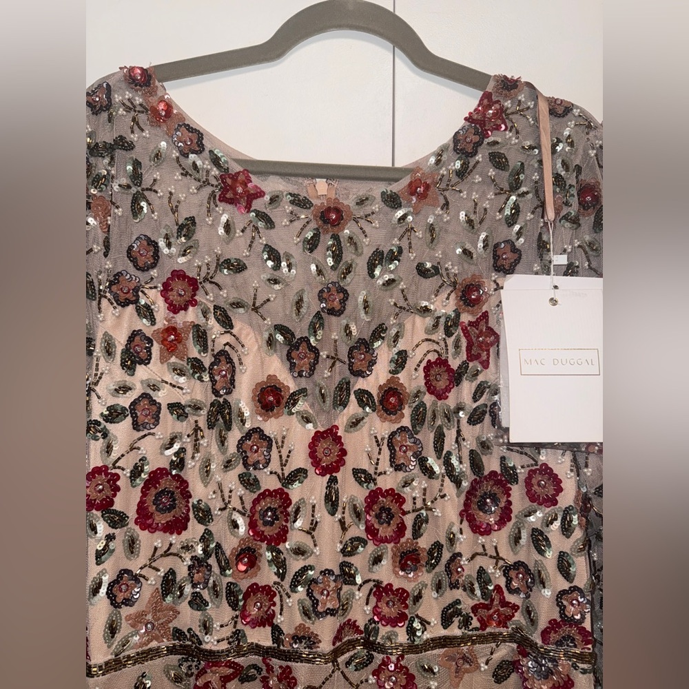 NWT | Mac Duggal Cream Maxi Dress with Long Sleeves & Floral Embroidery Size 16 - Picture 7 of 15